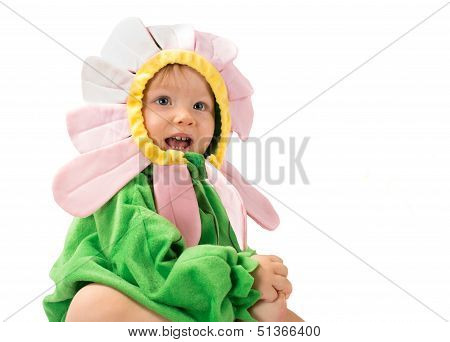 Adorable ?hild Girl, Dressed In Flower Costume Isolated On White Background. The Concept Of Childhoo