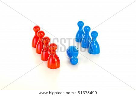 Group Of Meeples Bullying Blue Meeple At Workplace
