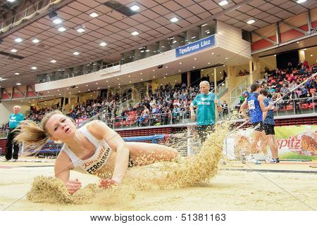 LINZ, AUSTRIA - JANUARY 31 Lisa Ferguson (#502 Scotland) places 5th in woemn's long jump event on January 31, 2013 in Linz, Austria.