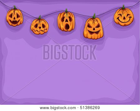 Halloween Illustration of Pumpkin Heads Wearing Different Expressions Connected by a String