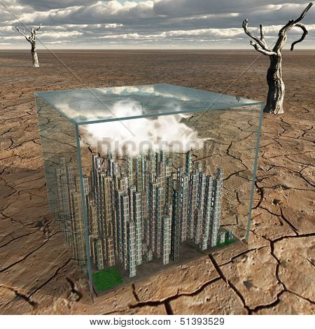 Tiny city in plastic box in desert landscape