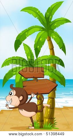Illustration of a beach with a playful monkey near the wooden arrowboards