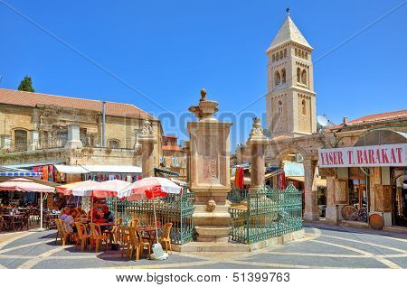 JERUSALEM - AUGUST 21: Muristan square in Old City on the site of Knights Hospitaller hospital founded in 1023 to provide care for sick or injured pilgrims in Jerusalem, Israel on August 21, 2013.
