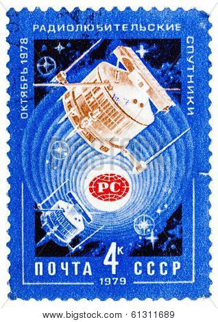 Stamp Printed By Ussr Shows Satellites Radio 1 And Radio 2 In Space