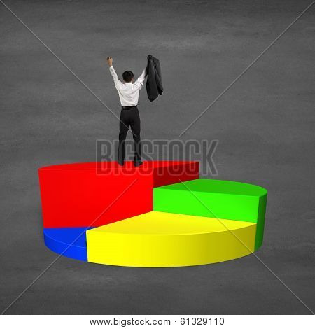Man Cheering On Top Of 3D Pie Chart