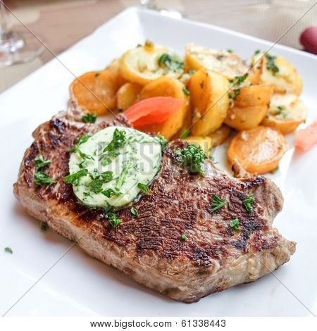 juicy steak beef meat with french fries 