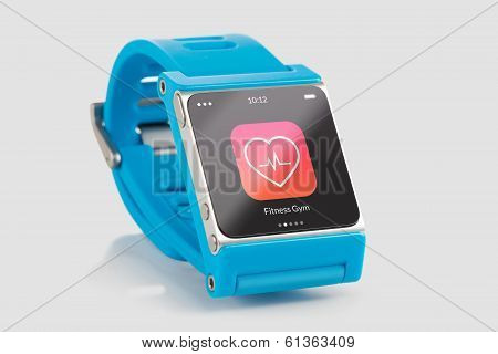 Blue Smart Watch With Fitness App Icon On The Screen