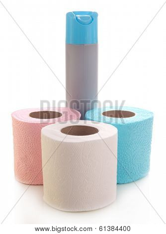 Colorful toilet paper rolls and air fresher, isolated on white