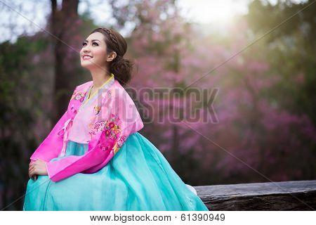 Hanbok: The Traditional Korean Dress And Beautiful Asian Girl With Sakura