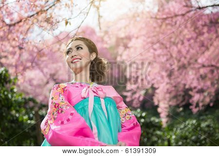 Hanbok: The Traditional Korean Dress And Beautiful Asian Girl With Sakura