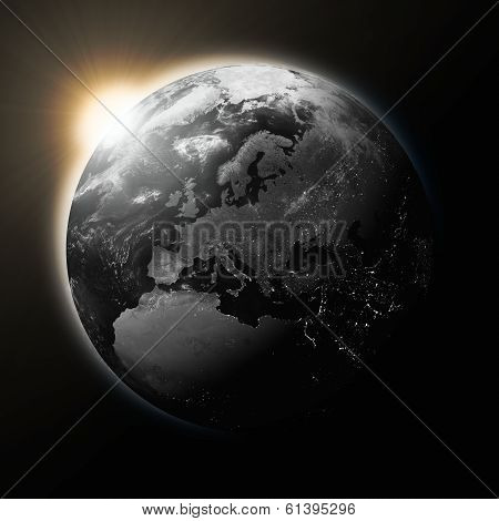 Sun Over Europe On Dark Planet Earth