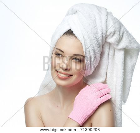 closeup portrait of attractive  caucasian smiling woman brunette isolated on white studio shot lips toothy smile face  head and shoulders  tooth towel tube on head body care scrab glave