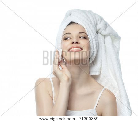 closeup portrait of attractive  caucasian smiling woman brunette isolated on white studio shot lips toothy smile face hair head and shoulders towel tube cleaning face cotton disc 