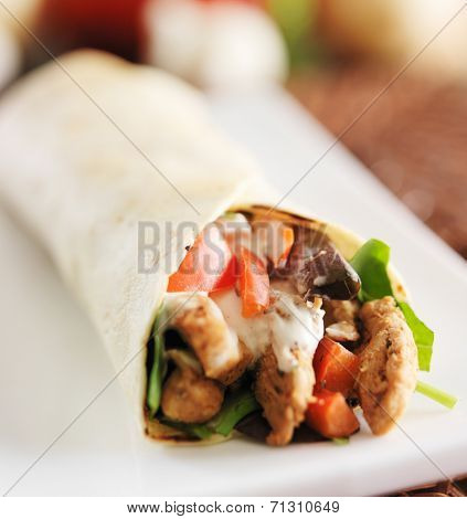 chicken wrap in tortilla with sauce and mesclun mix