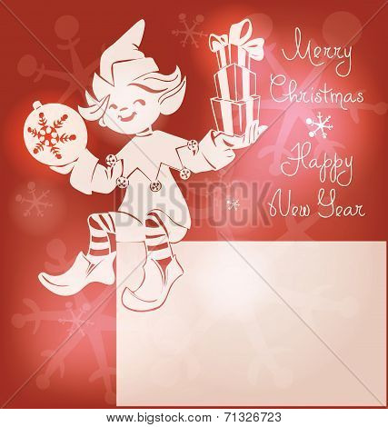 Santa elf on Christmas card, bunner, lettering