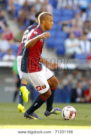 BARCELONA - AUG, 17: Sebastian De Maio of Genoa CFC in action during a friendly match against RCD Espanyol at the Estadi Cornella on August 17, 2014 in Barcelona, Spain