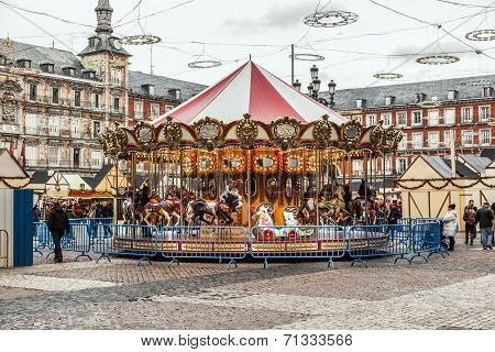 Carousell For Children In The Evening At The Plaza De Mayor In Madrid