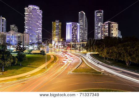 Broadbeach cityscape and night traffic trails