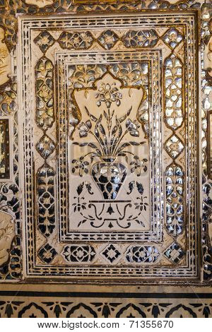 Details Of Walls In Rich Decorated Amber Fort In Jaipur, India