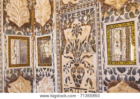 Details Of Walls In Rich Decorated Amber Fort In Jaipur, India