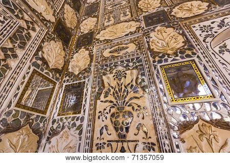Details Of Walls In Rich Decorated Amber Fort In Jaipur, India