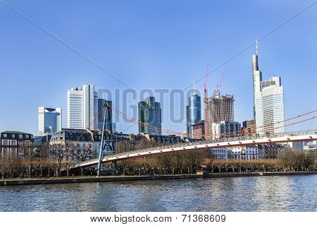 Holbein Bridge In Frankfurt Am Main With Skyline.