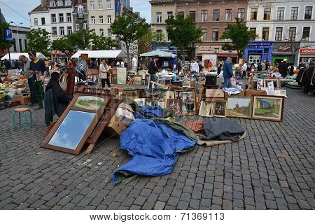 Flea Market On Place Du Jeu De Balle In Brussels, Belgium