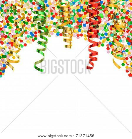 Colorful Confetti With Shiny Streamer Over White