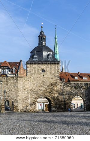 Muehlhausen, Inner Woman Gate At Historic Town Wall With Raven Tower