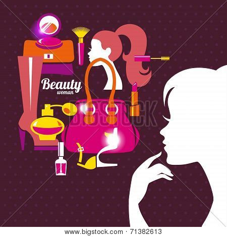 Beautiful woman silhouette with fashion icons. Shopping girl.