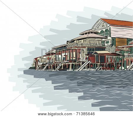 Illustration sketch of wooden waterside buildings