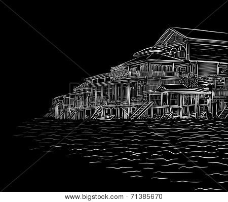 Illustration sketch of waterside wooden buildings