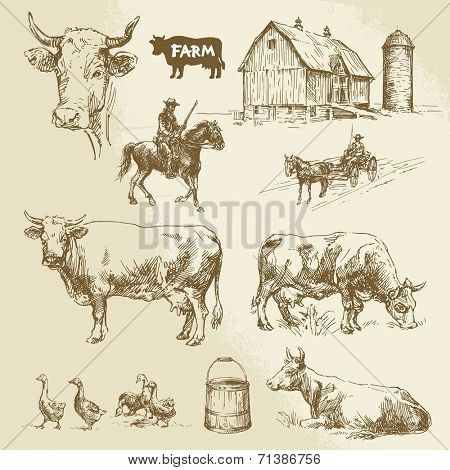 farm, cow, agriculture - hand drawn collection