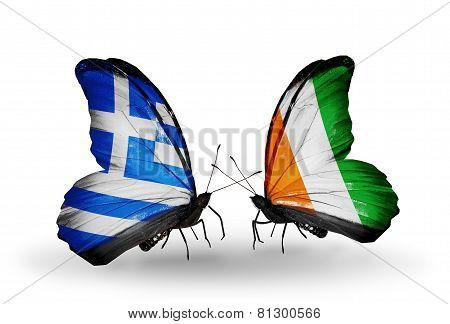 Two Butterflies With Flags On Wings As Symbol Of Relations Greece And Cote Divoire