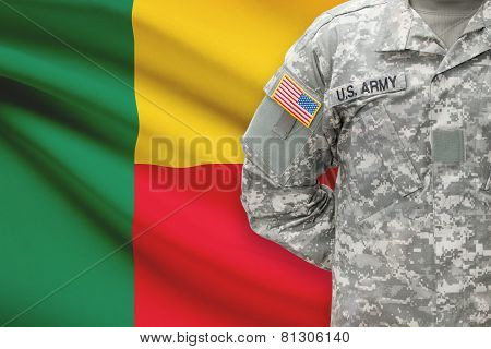 American Soldier With Flag On Background - Benin