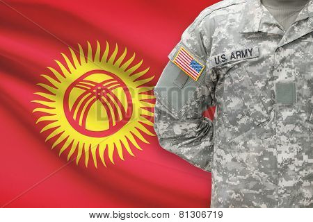 American Soldier With Flag On Background - Kyrgyzstan