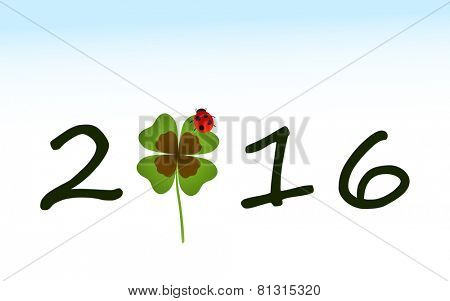 2016 greeting card with shamrock leaf and ladybird