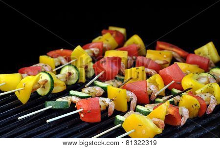 Marinated shrimp, zucchini, and bell pepper kebabs