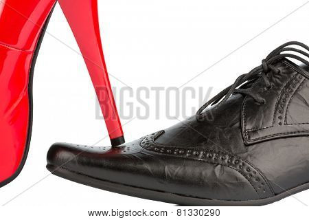 women's shoes on men's shoe, symbolic photo for separation, divorce and conflict
