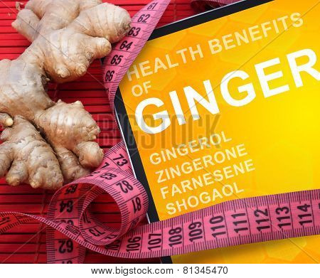 Tablet with words ginger. healthy eating