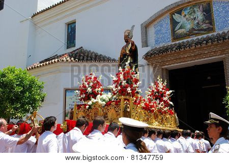 Carrying float into church, Marbella.