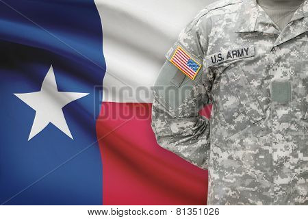 American Soldier With Us State Flag On Background - Texas