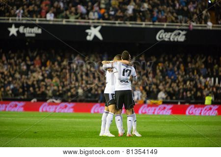 VALENCIA, SPAIN - JANUARY 25: Valencia players celebrating a goal during Spanish League match between Valencia CF and Sevilla FC at Mestalla Stadium on January 25, 2015 in Valencia, Spain