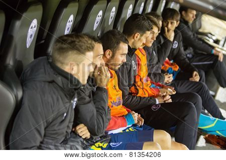 VALENCIA, SPAIN - JANUARY 25: Sevilla players on the bench during Spanish League match between Valencia CF and Sevilla FC at Mestalla Stadium on January 25, 2015 in Valencia, Spain