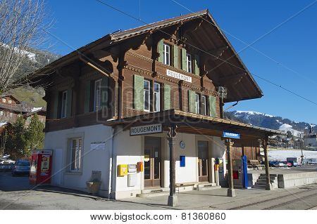 Exterior of the Rougemont railway station in Rougemont, Switzerland.