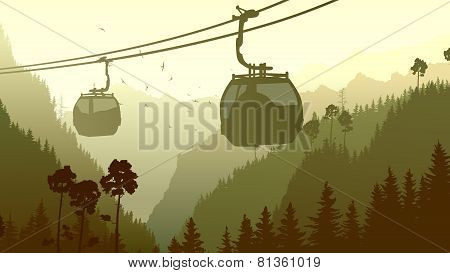 Illustration Of Mountain Forest In Gren Tone.