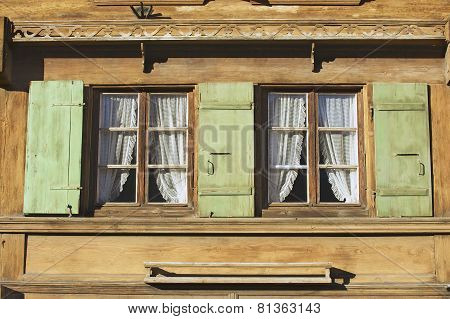 Exterior of the traditional Swiss chalet in Rougemont, Switzerland.