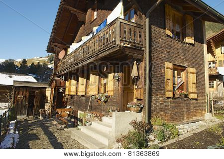 Exterior of the traditional Swiss chalet in Rougemont, Switzerland.