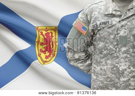 American Soldier With Canadian Province Flag On Background - Nova Scotia