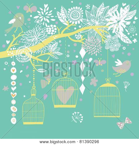 Vintage freedom concept card. Birds out of cages. Romantic floral background in blue colors. Spring birds flying on the branch